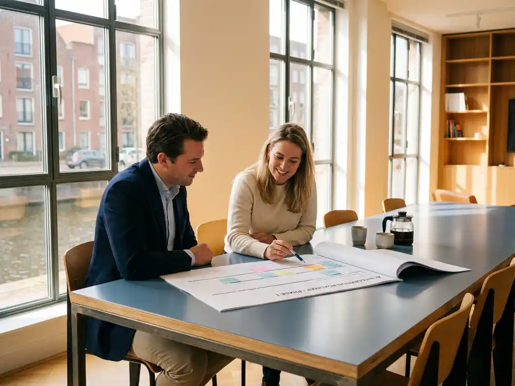 AI-consultant en zakelijke klant bespreken een routekaart aan een minimalistisch bureau in een modern Nederlands kantoor met natuurlijk daglicht.