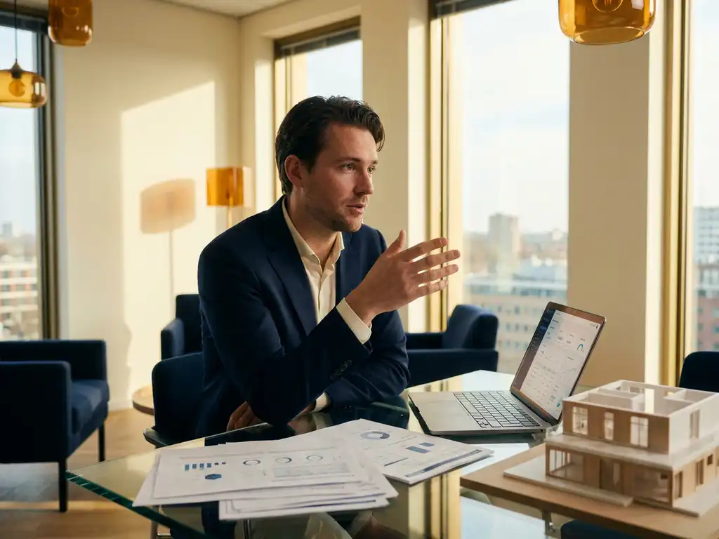 AI-consultant gebaart boven glazen bureau met strategische roadmap-documenten, laptop en architectuurmodel in modern Nederlands kantoor.