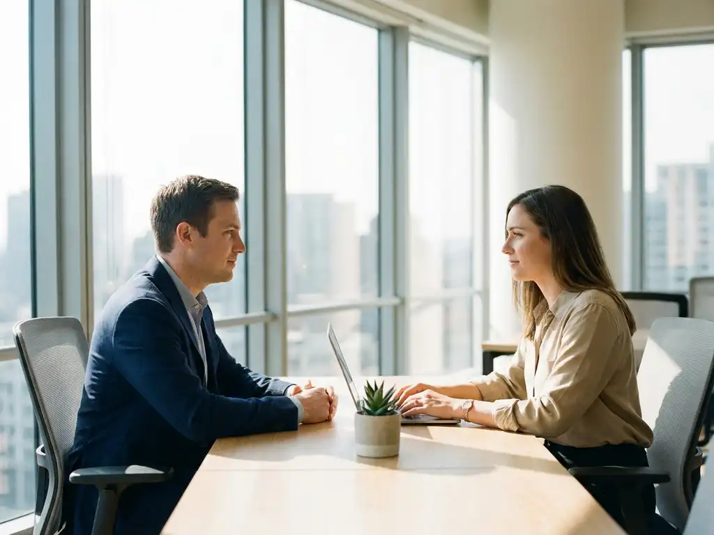 Zakelijke professional en AI-consultant in gesprek aan modern bureau met laptop, warme natuurlijke belichting en succulent op de voorgrond.