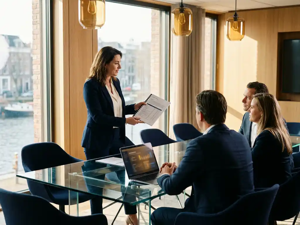 Professional presenteert document aan drie executives in moderne Nederlandse boardroom met glazen tafel en AI-dashboard op laptop.