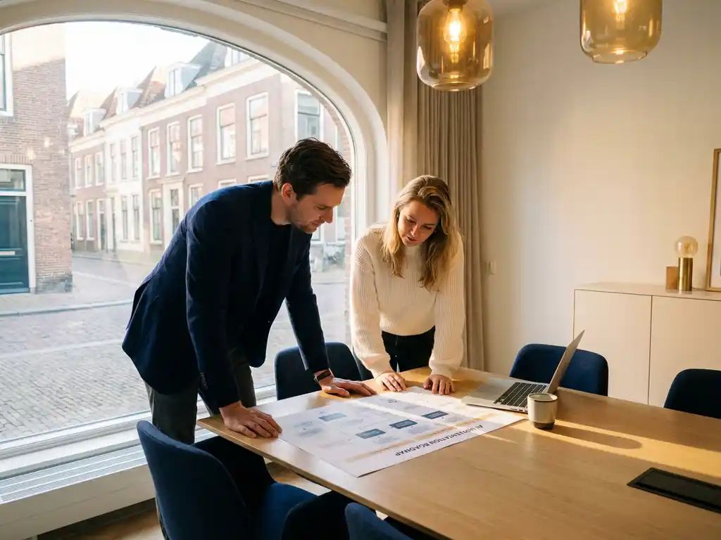 Adviseur en stakeholder bekijken samen een AI-implementatieroadmap op een modern bureau in een kantoor in Den Haag.