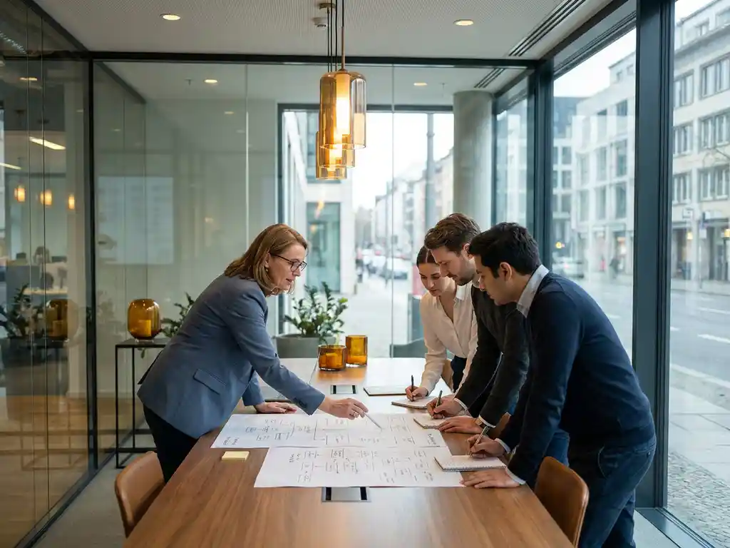 Externe consultant bespreekt AI-workflowdiagrammen met intern team rond glazen vergadertafel in modern kantoor.