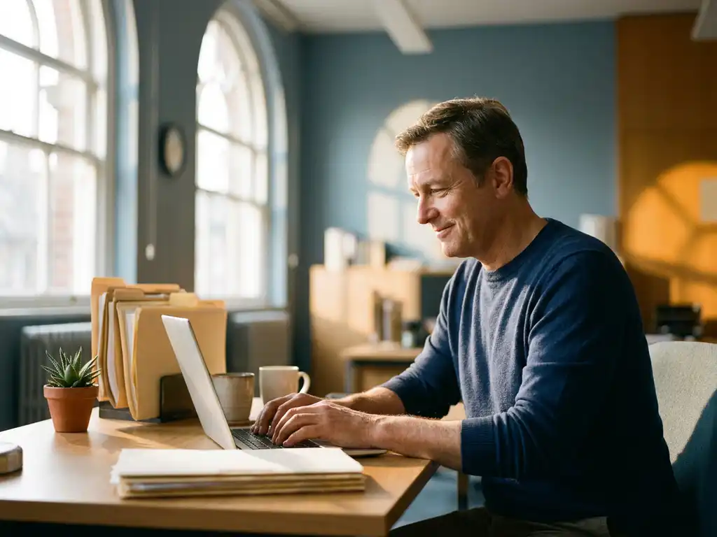 Ambtenaar werkt zelfverzekerd op laptop aan overheidsbureau, omringd door beleidsmappen en plant in warm gouden licht.