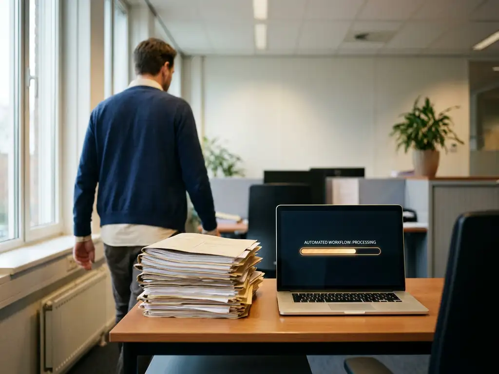 Gemeenteambtenaar verlaat bureau met stapel papierdossiers terwijl laptop automatisch workflows verwerkt in modern overheidskantoor.