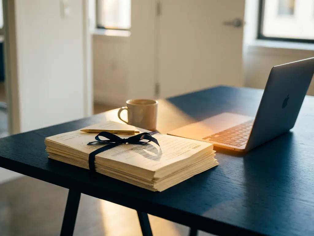 Stapel officiële bezwaarschriften op modern bureau naast oplichtende laptop, warm amberkleurig licht, automatische verwerking.