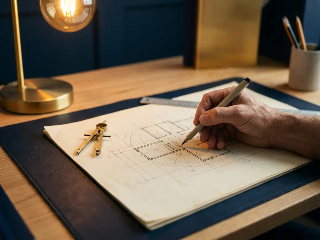 Hand die een architectonisch blauwdruk schetst op tekenpapier, met passer en geometrische lijnen, verlicht door een amberkleurige bureaulamp.