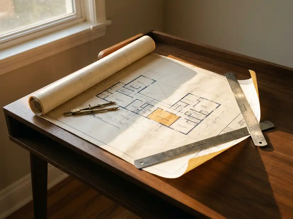 Architectuurblueprint op modern bureau met kompas en liniaal, warm middaglicht over nauwkeurige technische lijnen.