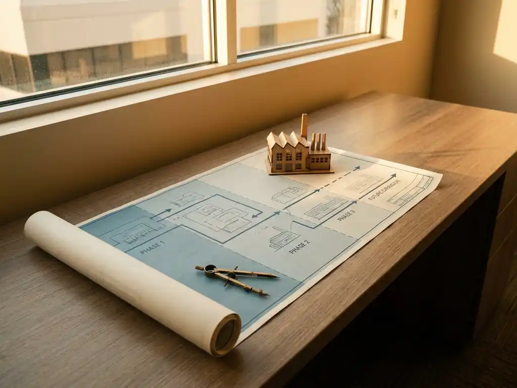 Architectuurblueprint van een meerfasige roadmap op modern bureau, met kompas en miniatuur fabrieksmodel in warm middaglicht.