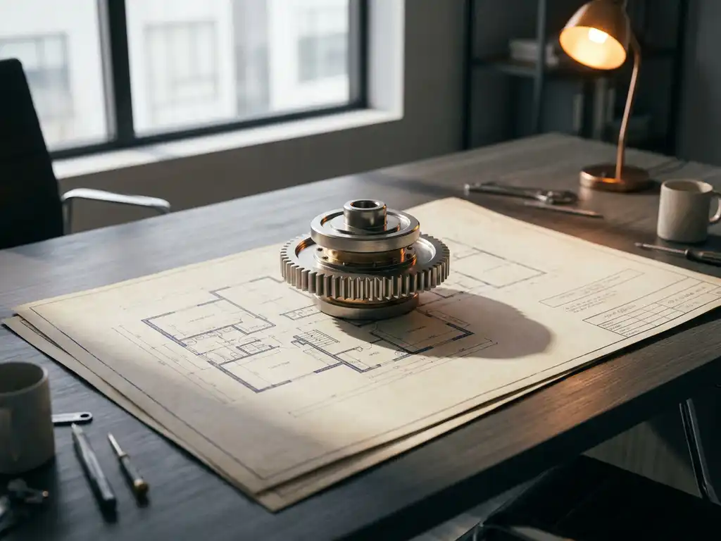 Mechanisch tandwielprototype op een opengeslagen blauwdruk op modern bureau, symboliseert de overgang van planning naar uitvoering.