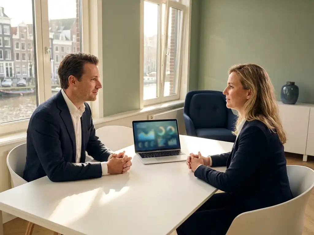 Consultant en klant overleggen aan wit bureau in modern kantoor met laptop en middagzon door hoge ramen.