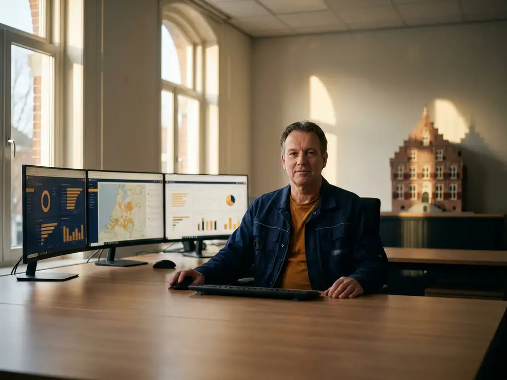 Gemeenteambtenaar beheert dashboards op meerdere monitors aan een overheidsbureau, met een maquette van een Nederlands gemeentehuis op de achtergrond.