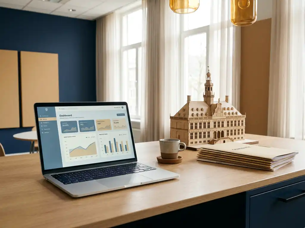 Gemeentelijk servicebureau met laptop, architectuurmodel van een stadhuis, ordners en koffiekop op een opgeruimd bureau in warm daglicht.