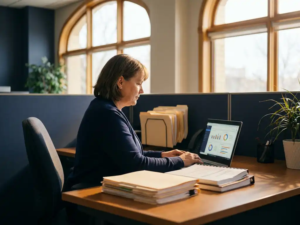 Gemeentelijke ambtenaar aan opgeruimd bureau met geordende documenten en laptop met geautomatiseerde workflowdashboards in warm kantoorlicht.