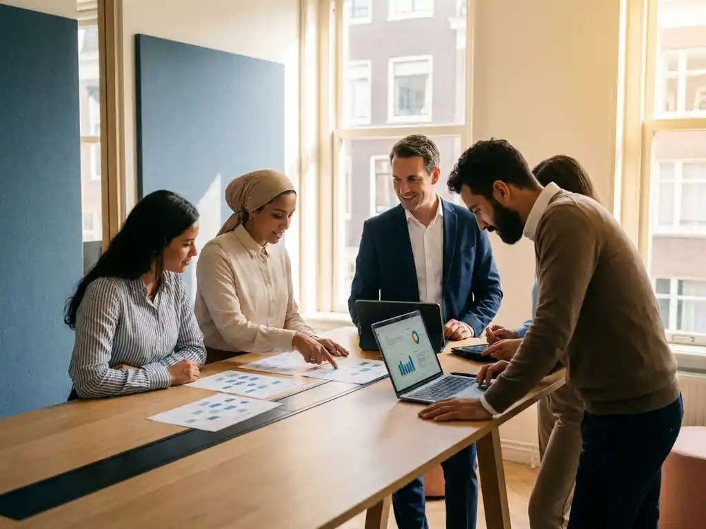 Divers team van kantoormedewerkers en manager die samenwerken rond een werktafel met laptop en werkstroomdocumenten in modern Nederlands kantoor.