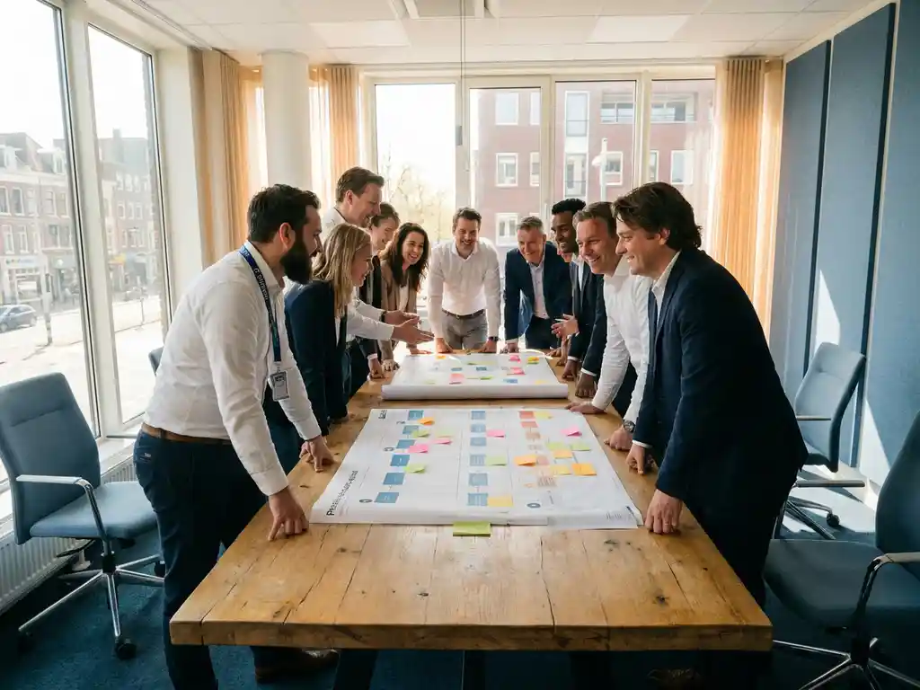 Diverse groep zakelijke professionals en IT-specialist bekijken samen procesdiagrammen aan een eiken vergadertafel in modern Nederlands kantoor.