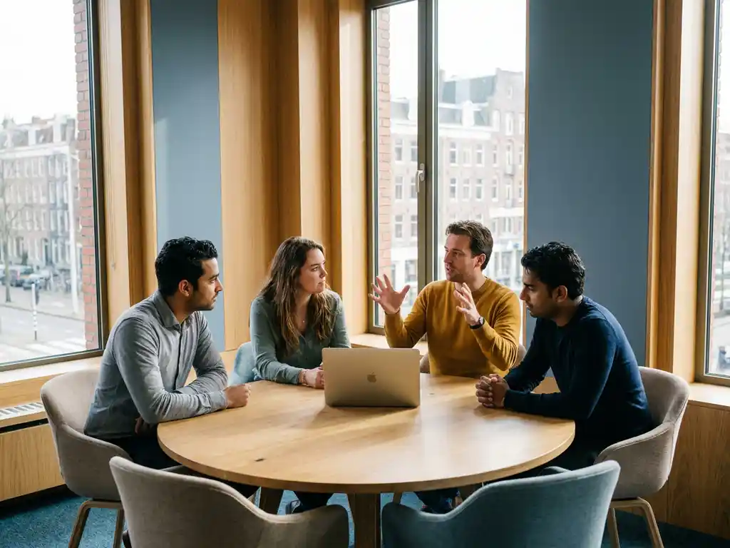 Diverse collega's overleggen rond een ronde vergadertafel in een licht modern kantoor, met een open laptop in het midden.