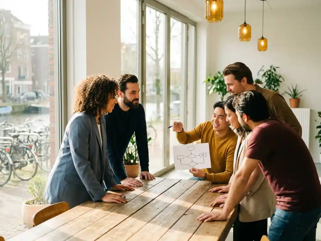 Diverse collega's rond een houten vergadertafel in een modern Nederlands kantoor, terwijl één persoon een diagram uitlegt aan aandachtige teamleden.