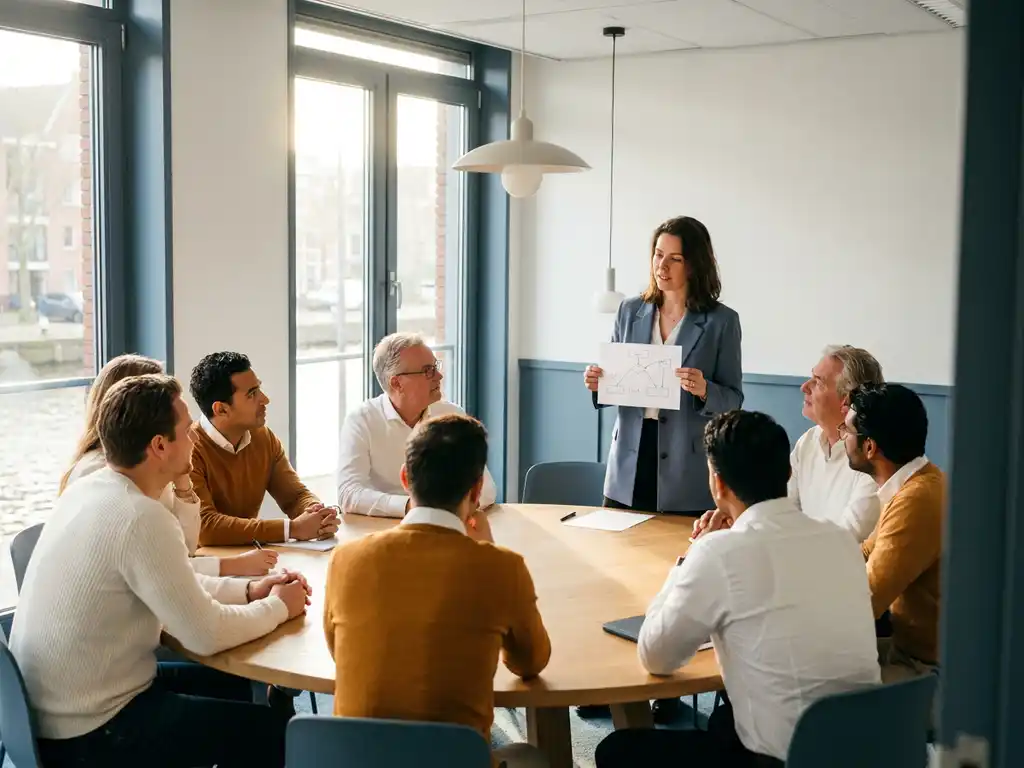 Diverse professionals rond een ronde eikenhouten tafel in een minimalistisch Nederlands kantoor, aandachtig luisterend naar een collega die een diagram presenteert.