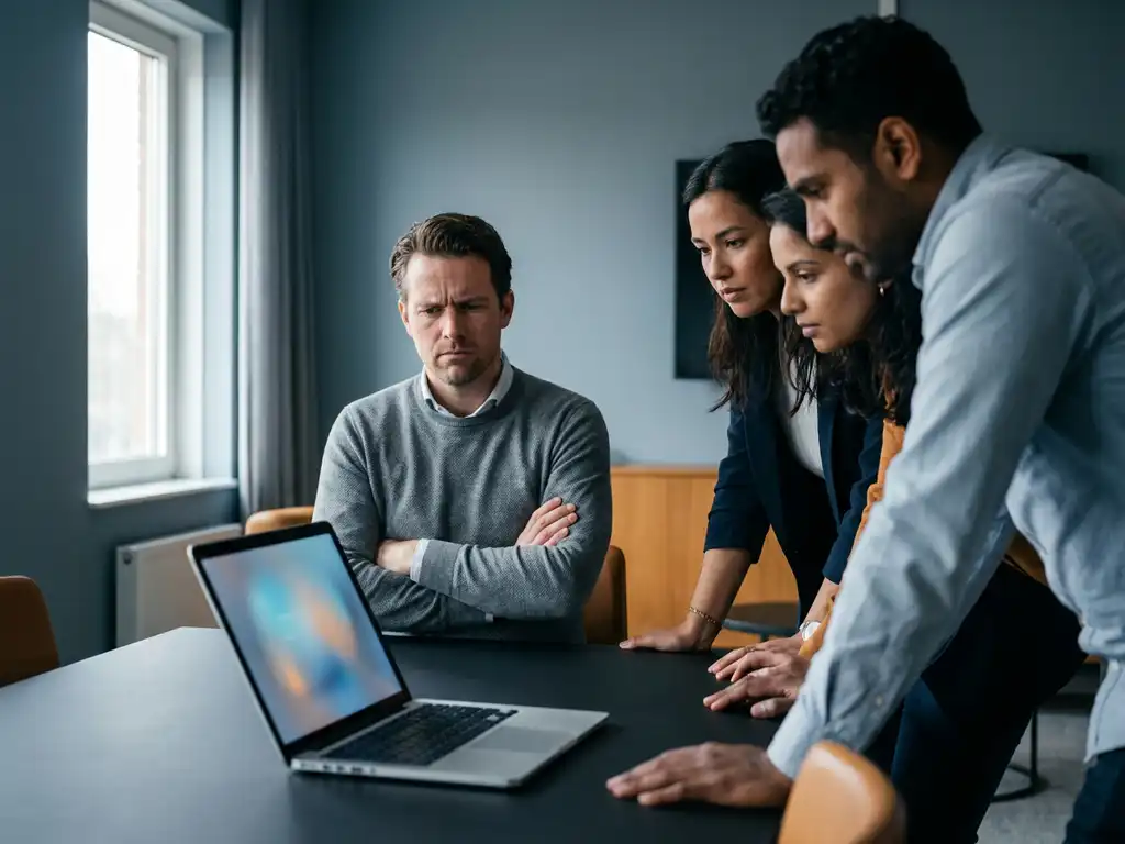 Medewerker met gekruiste armen tijdens kantoorvergadering terwijl collega's geïnteresseerd naar laptop leunen in modern Nederlands kantoor.