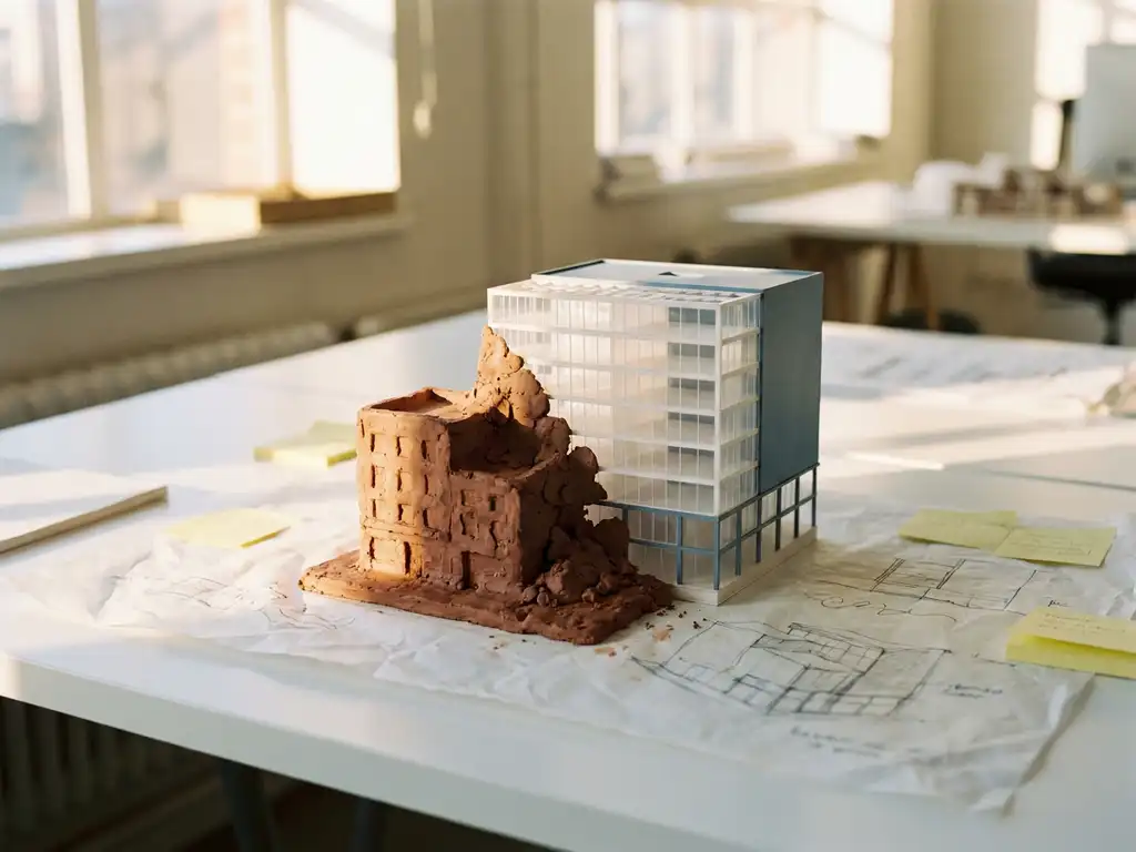 Ruwe kleiprototype van een gebouw dat overgaat in een gepolijst architectuurmaquette, omringd door schetsen en notities op een wit bureau.