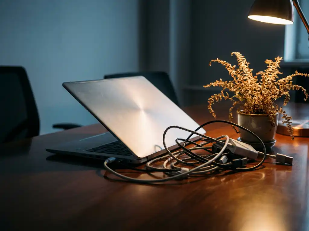 Zakelijke laptop half gesloten op vergadertafel met verwarde kabels en verwelkte plant onder warm amberkleurig bureaulampje.