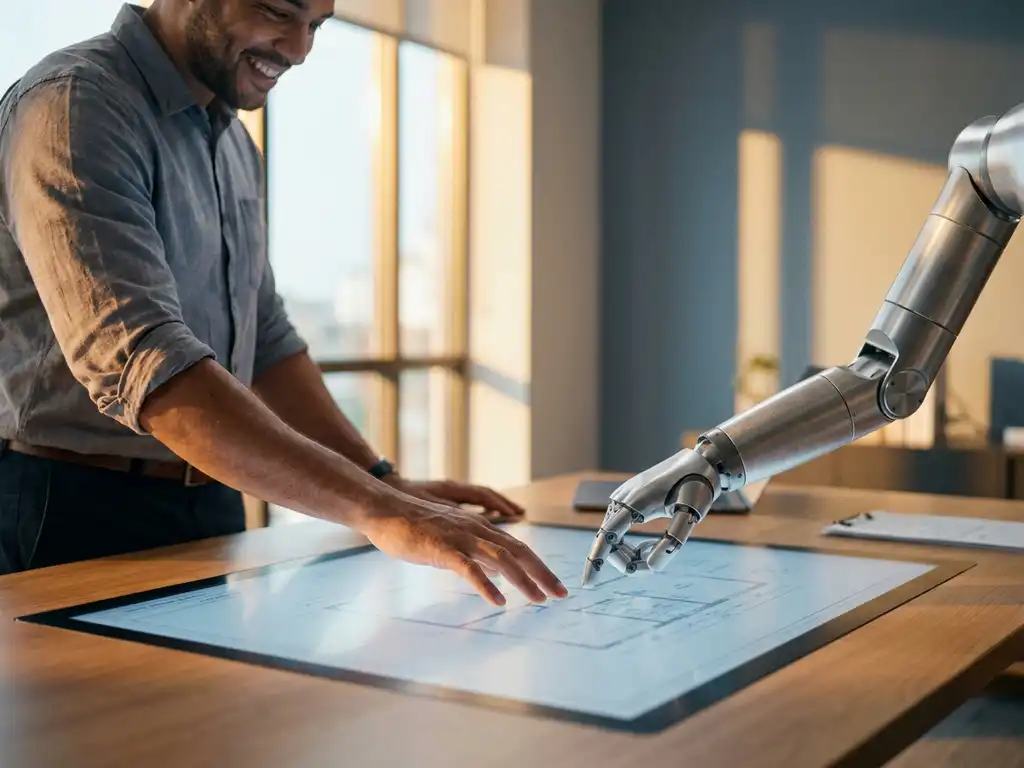 Medewerker en robotarm werken samen aan een gloeiende blauwdruk op een modern bureau, warme amber en blauwe tinten.