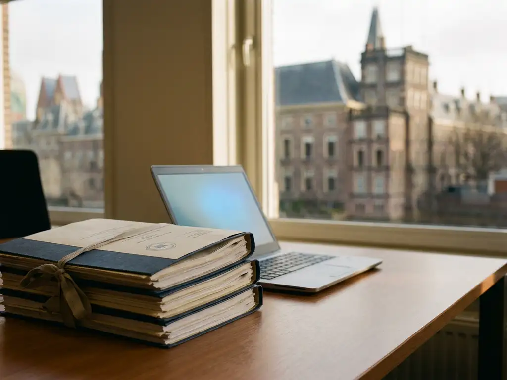 Stapel officiële overheidsdocumenten en gestempelde mappen op een ambtenaarsbureau, met een open laptop en een Nederlands overheidsgebouw op de achtergrond.