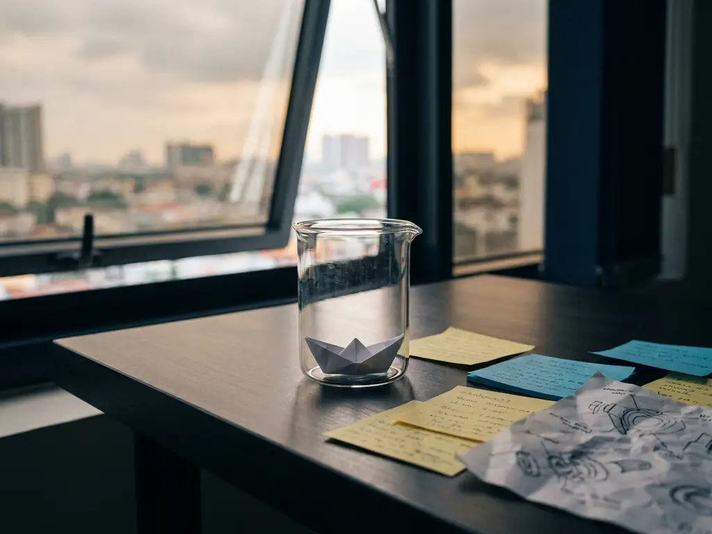 Klein papieren bootje gevangen in een glazen laboratoriumbekerglas op een modern bureau, omringd door plakbriefjes en prototypeschetsen.