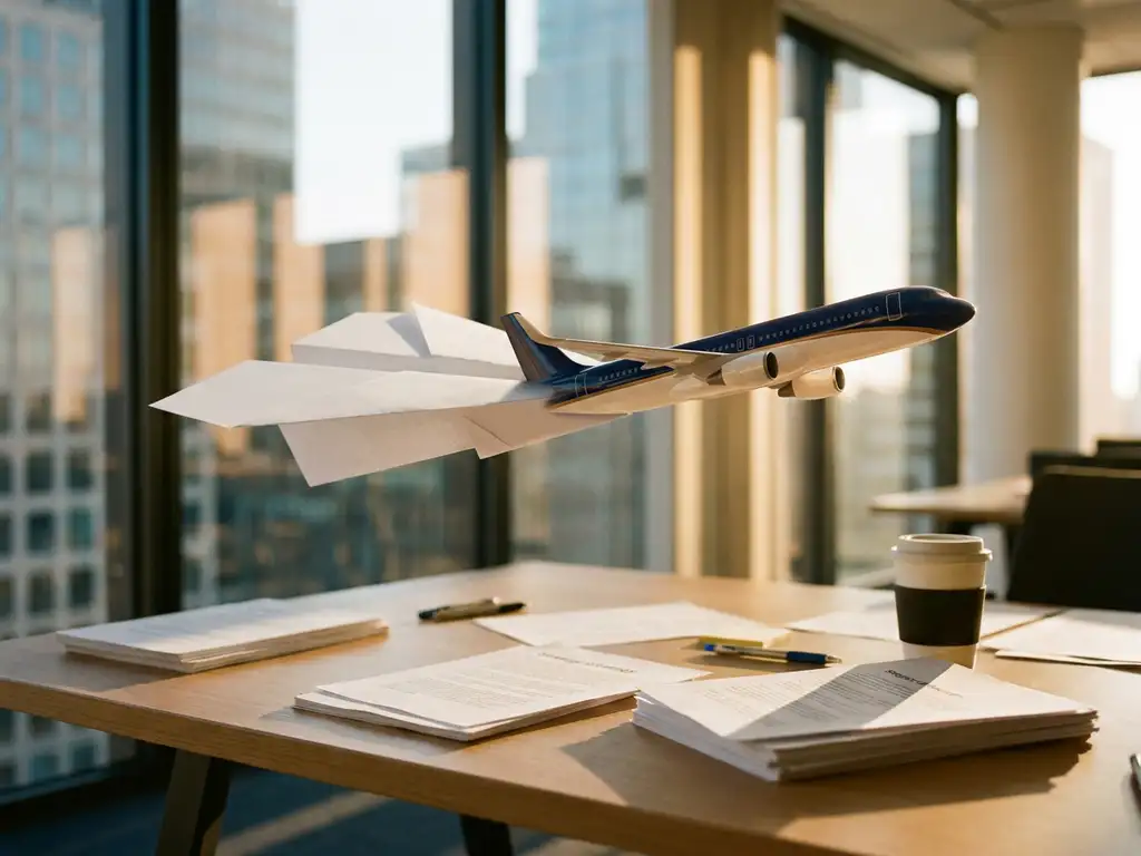 Papieren vliegtuigje dat transformeert in een straalvliegtuig boven een modern bureau met strategiedocumenten en koffie, warm goudkleurig licht.