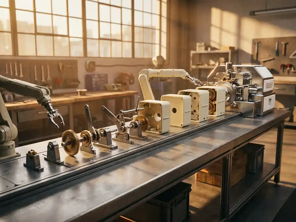 Precisieonderdelen zoals tandwielen en hendels die samenkomen tot één machine op een industriële werkbank, warm goudkleurig licht.