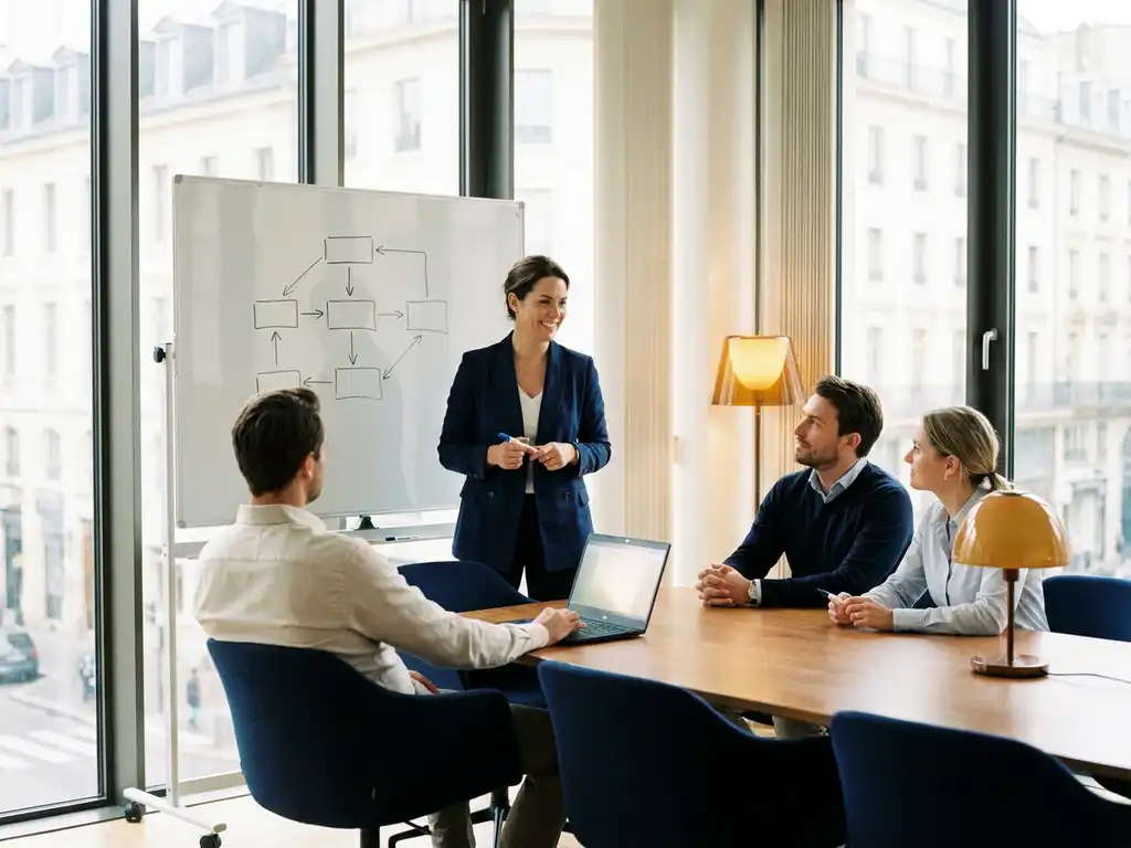 Professional presenteert handgetekend diagram op glazen whiteboard aan drie executives in modern Nederlands kantoor.