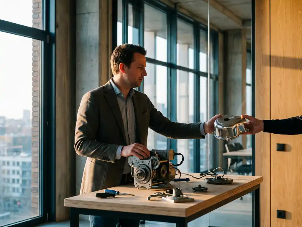 Zakenman aan moderne werkbank houdt afgewerkt mechanisch onderdeel vast in stijlvol Nederlands kantoor met grote ramen.