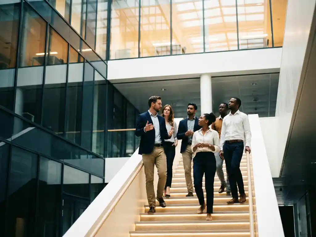 Professionele gids leidt divers team omhoog via moderne glazen trappenhuis, verlichte treden, warm gouden licht van boven.