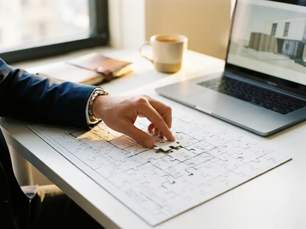 Hand die het laatste puzzelstukje op een architectonische blauwdruk legt, laptop op modern wit bureau, warm gouden licht.