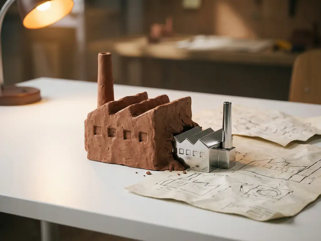 Ruwe kleiprototype van een fabriekje naast gepolijst stalen miniatuur op wit bureau, met technische schetsen eronder.