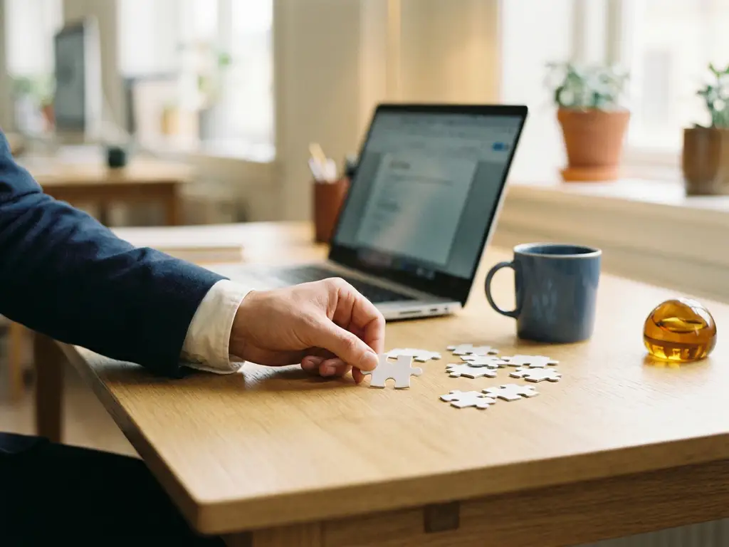 Hand die het eerste puzzelstuk op een minimalistische eiken bureau plaatst, resterende stukken verspreid, laptop op de achtergrond.