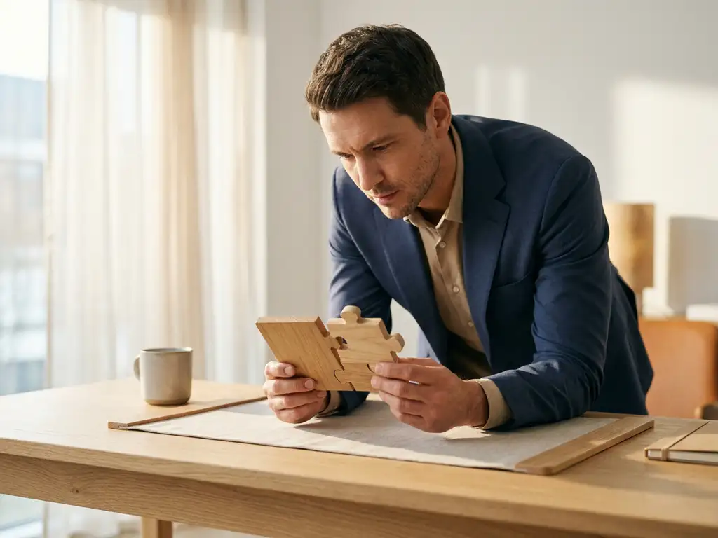 Zakenman vergelijkt twee puzzelstukken op modern bureau, warm natuurlijk licht, marine- en zandtinten.