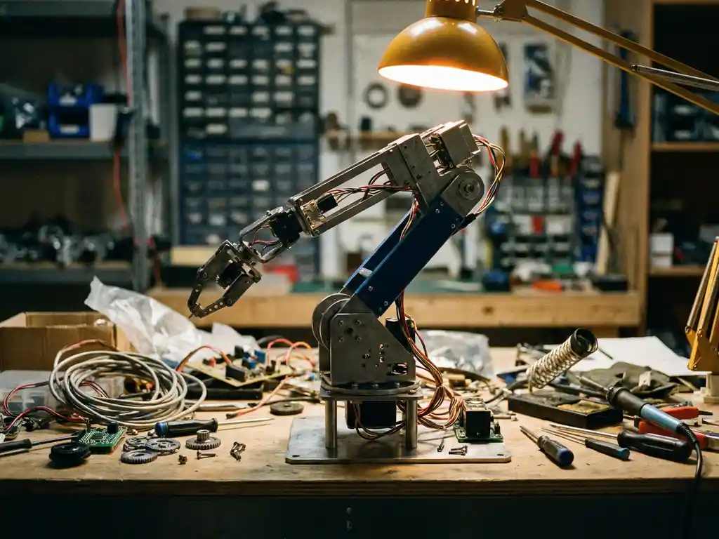 Halfgebouwde robotarm op rommelige werkbank, omgeven door losse bedrading en onderdelen, verlicht door een enkele lamp.