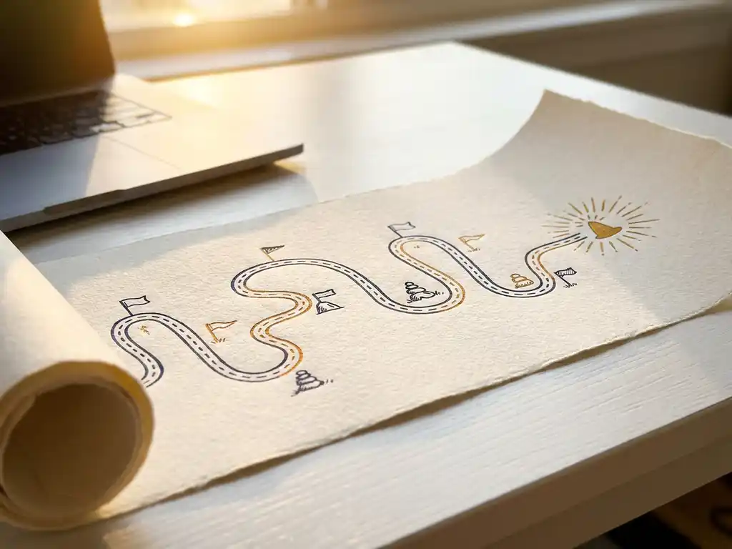 Handgetekende routekaart op crèmepapier met mijlpaalmarkeringen langs een kronkelend pad, uitgerold op een wit bureau met laptop op de achtergrond.