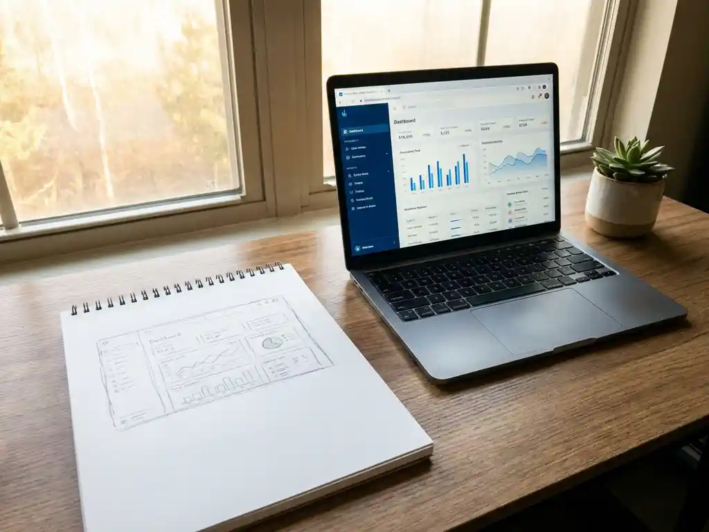Ruwe potloodschets op notitieblok naast een oplichtend laptopscherm met dashboard op een minimalistisch bureau, zachte ochtendlicht.