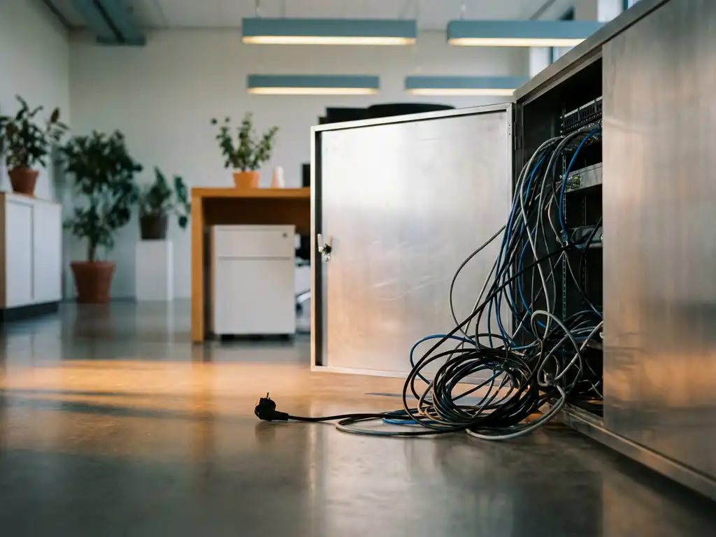Verward kabelbundel uit open serverpaneel in modern Nederlands kantoor, losse stekker op betonnen vloer, zachte tl-verlichting.