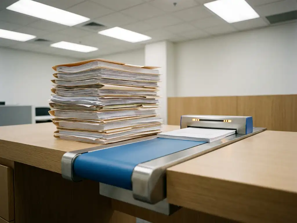 Hoge stapel papieren documenten op minimalistisch bureau met geautomatiseerde scanner die pagina's verwerkt, zacht kantoorlicht.
