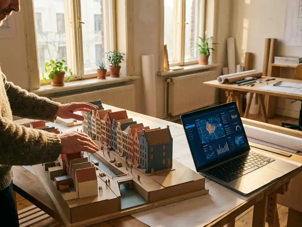 Stadsplanner buigt zich over maquette van Nederlandse wijk, met laptop met datavisualisaties in warm avondlicht.