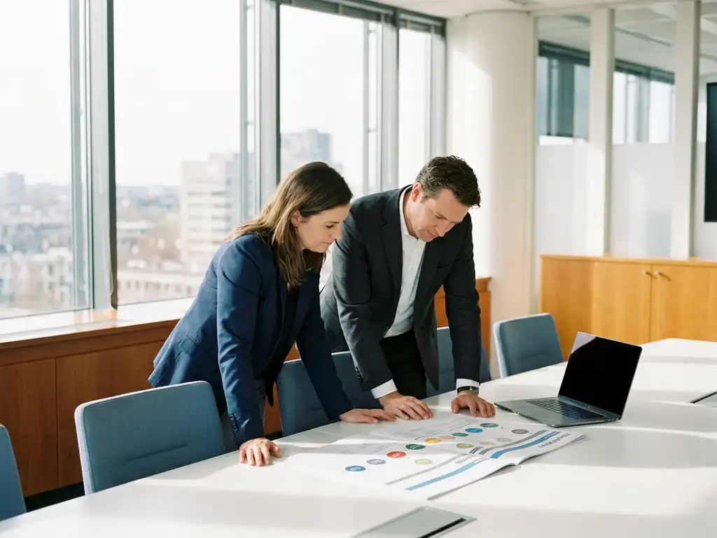 Consultant en directeur bekijken samen een strategisch stappenplan aan een vergadertafel in een modern Nederlands kantoor met grote ramen.