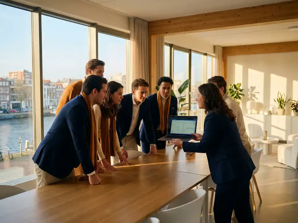 Diverse professionals rond een vergadertafel in modern Nederlands kantoor, collega bekijkt laptopscherm in warm middaglicht.
