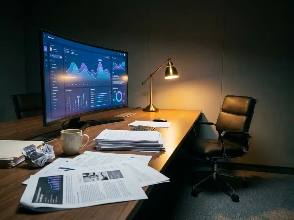 Verlaten vergaderruimte met gloeiend AI-dashboard op monitor, omringd door ongelezen rapporten en een koffiekop op een leeg bureau.
