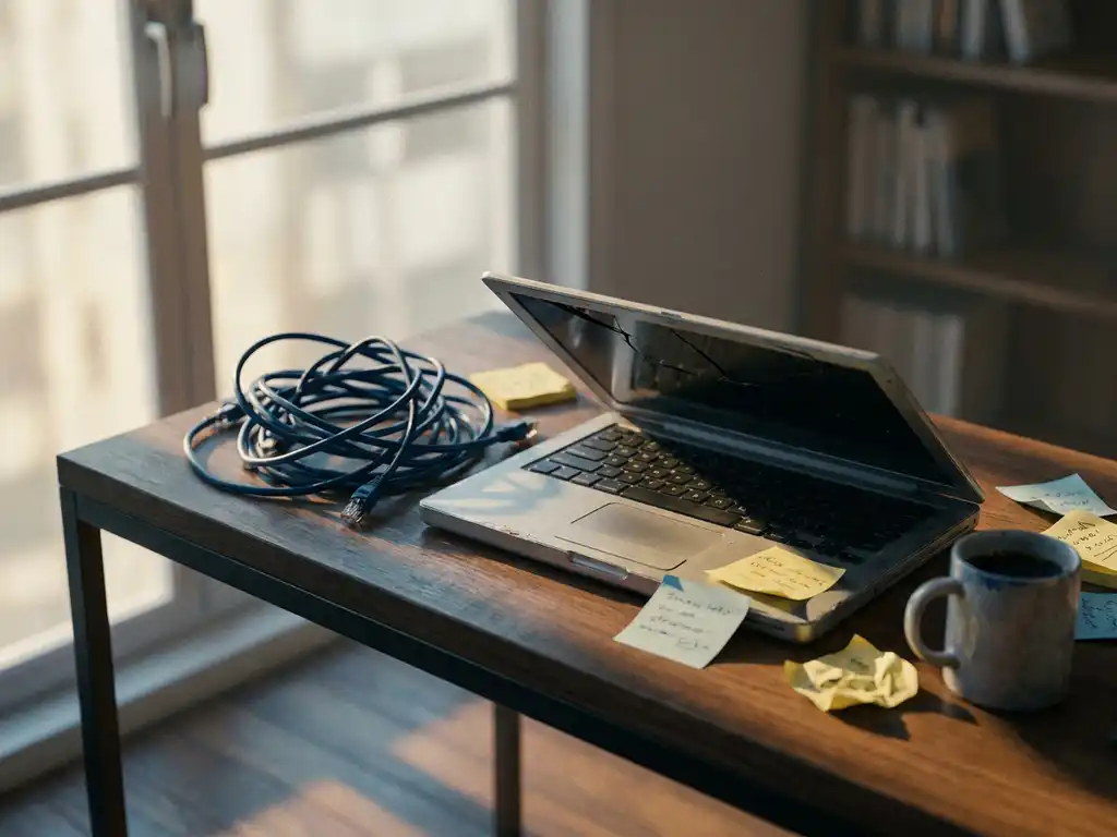 Halfopen laptop op modern bureau met verward ethernetkabel, plakbriefjes en koud kopje koffie in stalen blauwe en amberkleurige tinten.