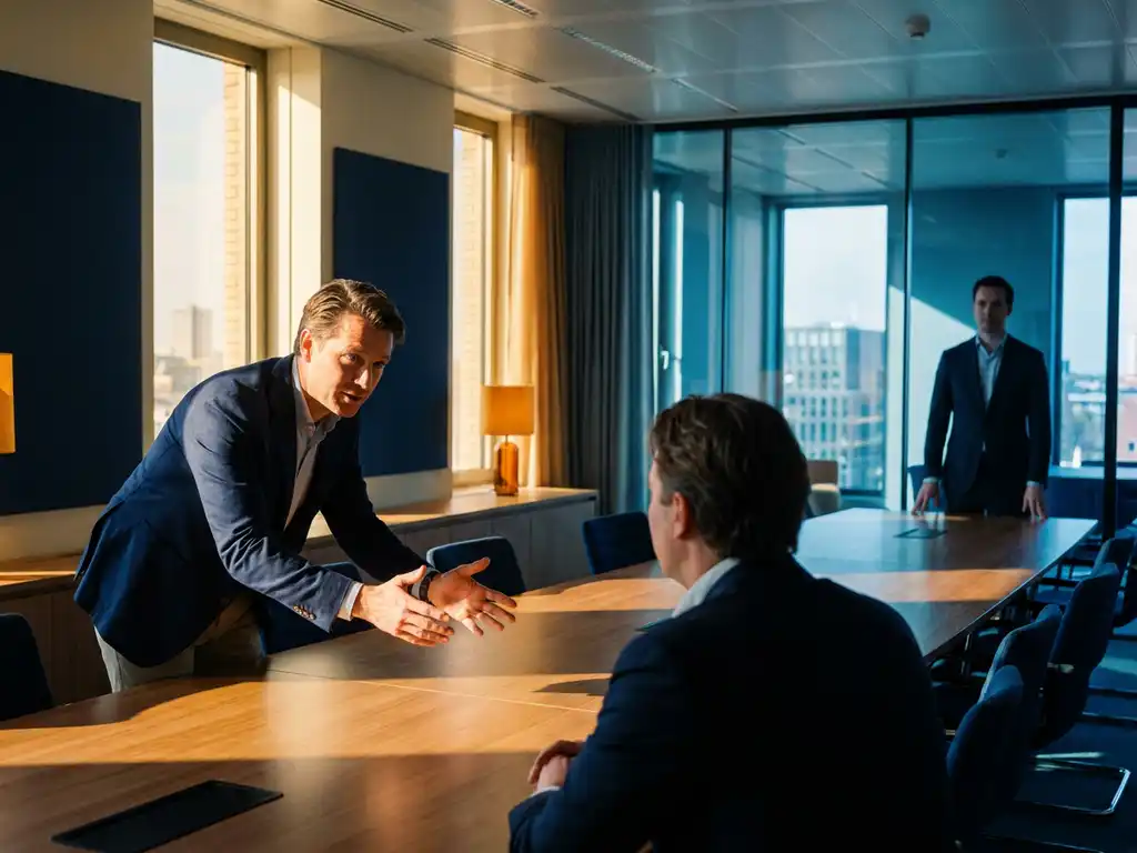 Vertrouwensadviseur leunt aandachtig voorover aan conferentietafel in modern Den Haag-kantoor, warme gouden belichting op voorgrond.