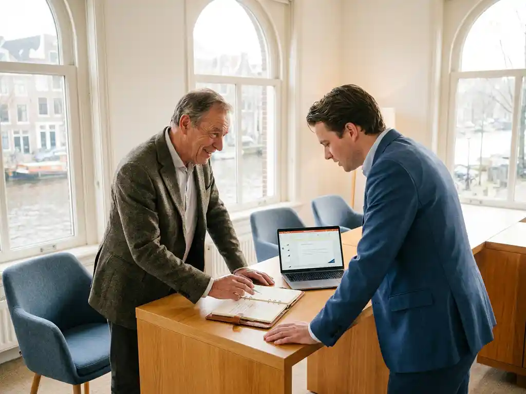 Adviseur en ondernemer in gesprek aan modern bureau met laptop en notitieboek in licht Nederlands kantoor.