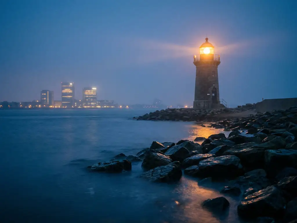 Vuurtoren op rotsachtige kust met amberkleurig lichtstraal over mistige Nederlandse zee, kantoorgebouwen op achtergrond.
